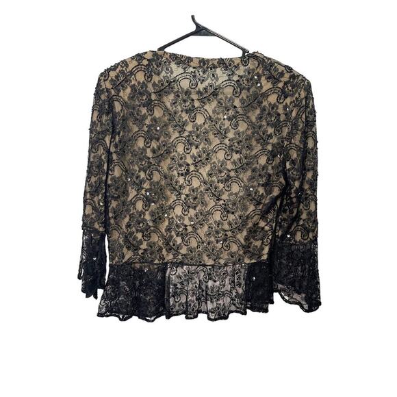 Vintage Cache Sequin Lace Black V Neck Scalloped Sleeve Evening Blouse Women's L - Picture 5 of 5